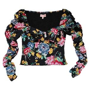 LEYDEN Women's Floral‎ Ruched-Sleeve Cropped Bustier Top - S